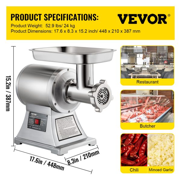 VEVOR 1.5HP 1100W Meat Grinder Stainless Steel 220 RPM Electric Meat Grinder, Heavy Duty Meat Mincer Machine for Industrial and Home Use - Image 7