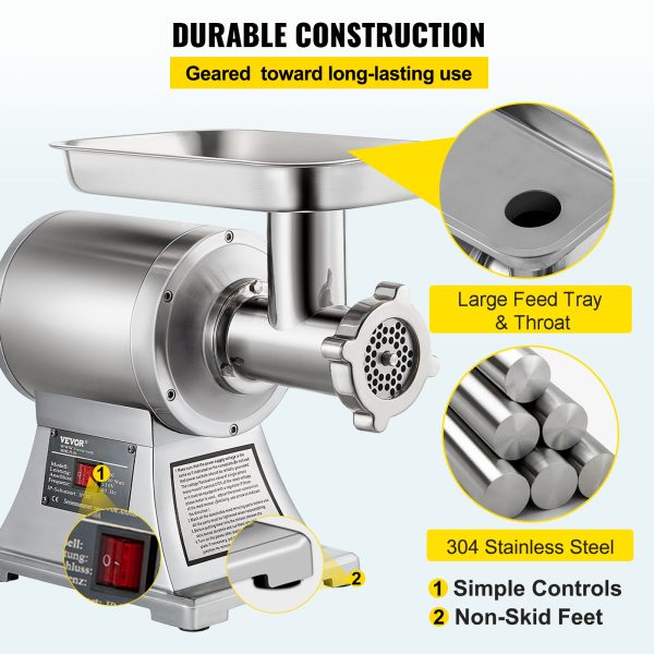 VEVOR 1.5HP 1100W Meat Grinder Stainless Steel 220 RPM Electric Meat Grinder, Heavy Duty Meat Mincer Machine for Industrial and Home Use - Image 4