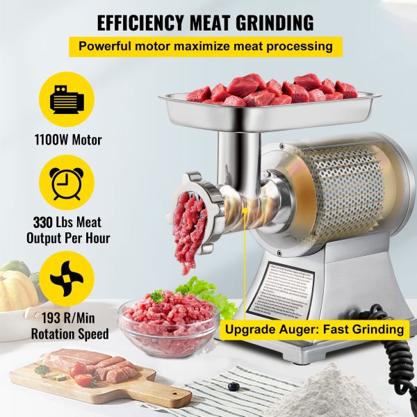 VEVOR 1.5HP 1100W Meat Grinder Stainless Steel 220 RPM Electric Meat Grinder, Heavy Duty Meat Mincer Machine for Industrial and Home Use - Image 5