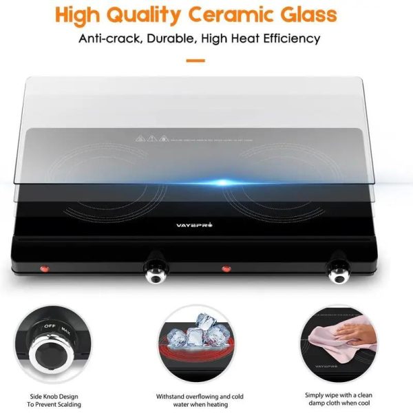 VAYEPRO Electric Hot Plate for Cooking, Infrared Double Burner,Electric Cooktop 2 Burner,1800W Portable Electric Stove,Heat-up In Seconds,Countertop Cooktop for Dorm,Compatible with All Cookware - Image 3