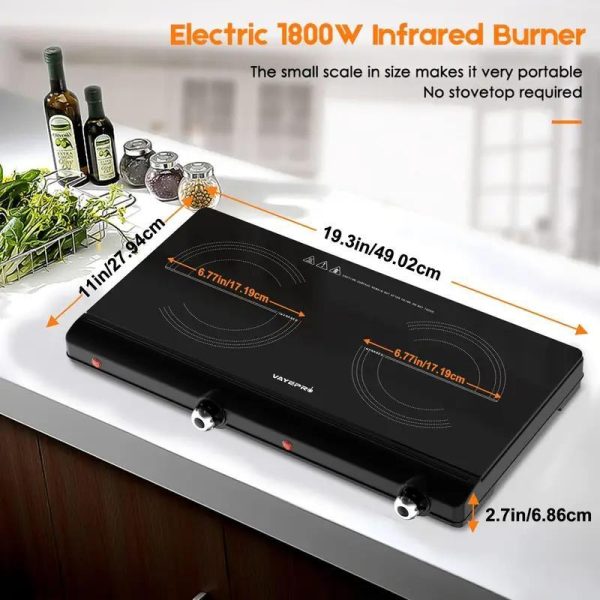VAYEPRO Electric Hot Plate for Cooking, Infrared Double Burner,Electric Cooktop 2 Burner,1800W Portable Electric Stove,Heat-up In Seconds,Countertop Cooktop for Dorm,Compatible with All Cookware
