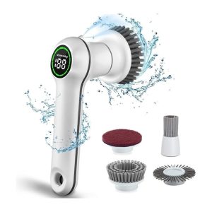 Electric Spin Scrubber Cordless Power Cleaning Brush Power Shower Scrub Machine Rechargeable 2 Adjustable Speeds and 4 Replaceable Cleaning Heads Kit for Kitchen Bathroom Bathtub Tub Floor Tile