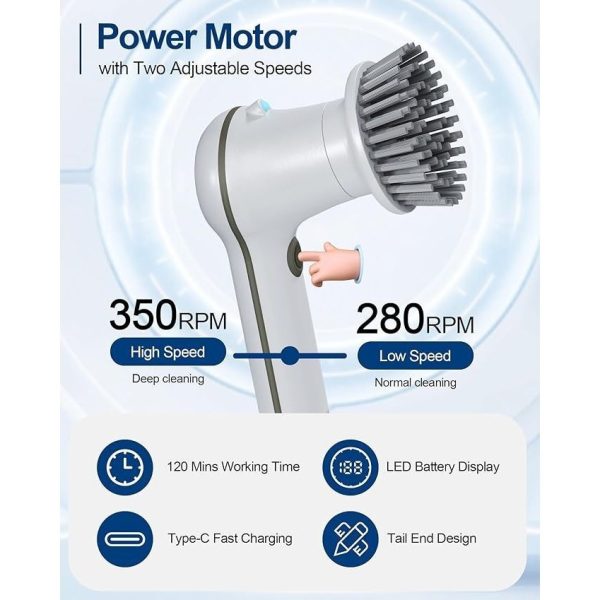 Electric Spin Scrubber Cordless Power Cleaning Brush Power Shower Scrub Machine Rechargeable 2 Adjustable Speeds and 4 Replaceable Cleaning Heads Kit for Kitchen Bathroom Bathtub Tub Floor Tile - Image 4