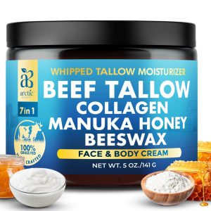 ARCTIC BEAUTY! Whipped Beef Tallow Moisturizer: All-in-One Face & Body Cream with Collagen, Manuka Honey, & Beeswax for All Skin Types, Grass-Fed & All-Natural