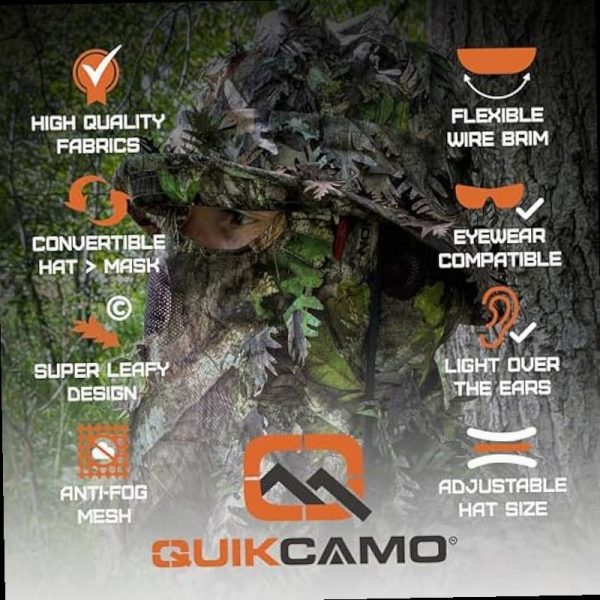 QuikCamo Realtree Mossy Oak 3D Leafy Camo Face Mask Bucket Hat for Men Deer Duck and Turkey Hunting Fully Adjustable OSFM - Image 4