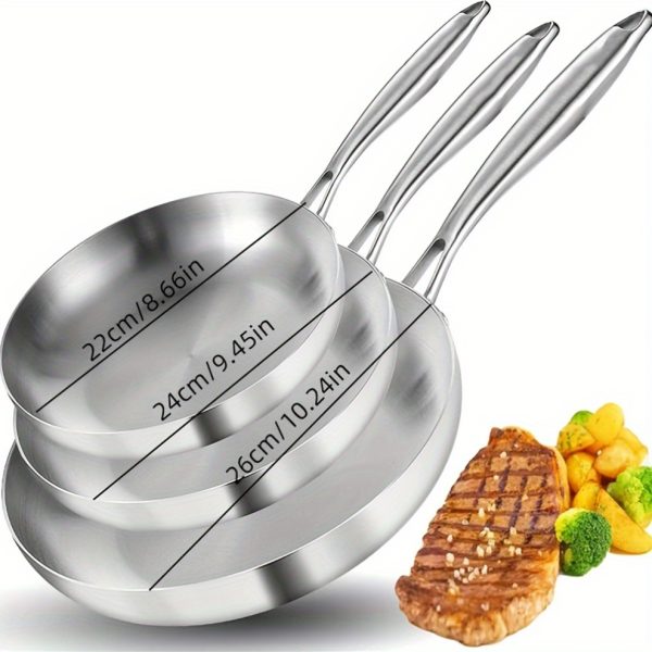 3pcs Stainless Steel Frying Pan Set, 8.66/9.44/10.23 Inch Multifunctional Skillets and Omelette Pans, Food Grade and Induction Compatible, Professional Kitchen Utensils for Gas Stoves, Induction Cookers, Essential Home Kitchen Supplies for Chefs - Image 2