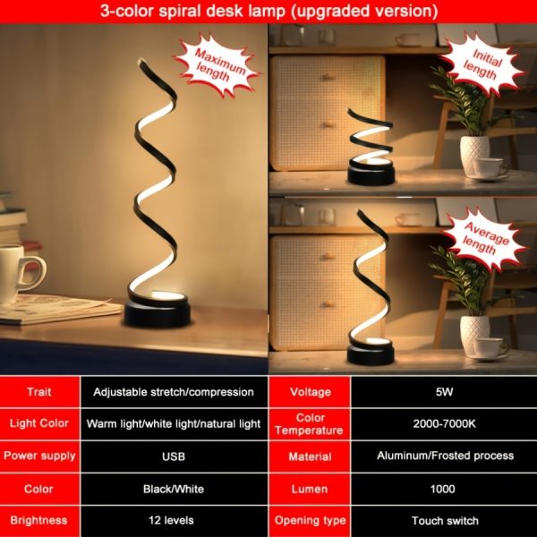 Bedside Table Lamp for Bedroom - 2/1 Pack Touch Lamp USB C Charging Ports, 3 Way Dimmable Modern Minimalist Dimmable Spiral Table Lamp for Living Room, Desk, LED Bulb Included (Black/White) - Image 4