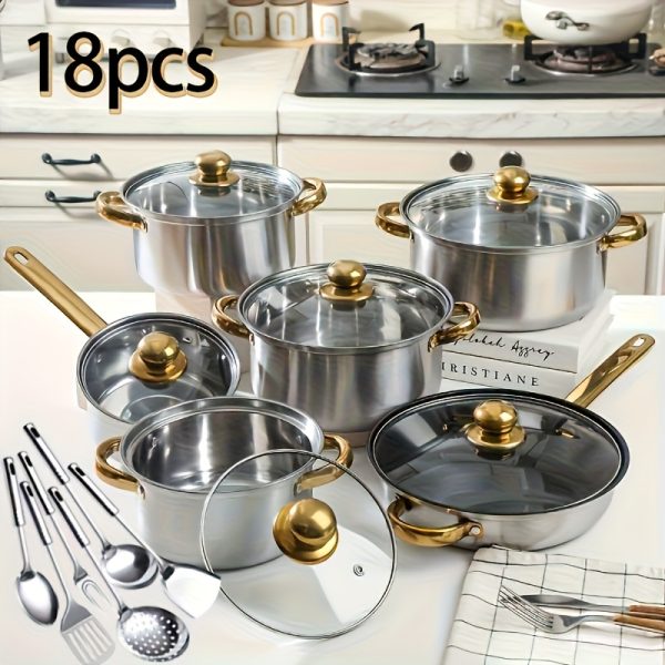 18pcs thick stainless steel cookware set, non stick cookware set, heat-resistant, frying pan, flat bottomed pan, stew pot, multifunctional, stylish, durable, suitable for induction cookers, outdoor anti stick cookware set - Image 3