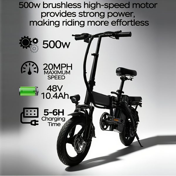 14-Inch Lightweight Folding Electric Bike, 500W Motor, 20 MPH, Long-Lasting Battery Life with Removable 48V 10.4AH Lithium Battery, Front Light & Disc Brake, Alloy Steel Frame, Black - Urban Commuter Style, Durable Design, Perfect Gift for Adults (Clearance Deal) - Image 3