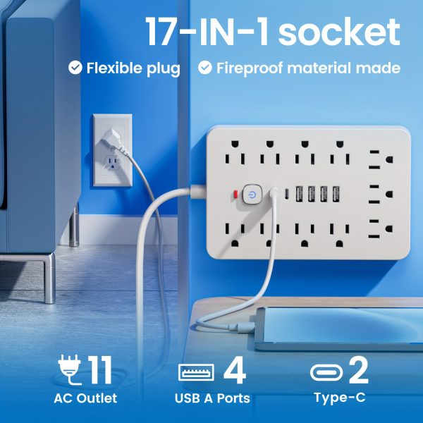 Power Strip Surge Protector With Usb Ports Extension Cord With Multiple Outlets Usb Wall Plug, Multi Plug Outlet Extension Cord With Usb Ports Power Outlet Extension Long Extension Cord With Multiple Outlets, Plug Adapter Desk Power Extension Cord Connector Multiple Outlet Expander Extension Board.17-in-1 Flat Plug Power Strip 11 Spacious AC Outlets With 6 USB Ports (including 2 Type-C) With Overload Protection - Image 4