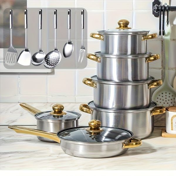 18pcs thick stainless steel cookware set, non stick cookware set, heat-resistant, frying pan, flat bottomed pan, stew pot, multifunctional, stylish, durable, suitable for induction cookers, outdoor anti stick cookware set - Image 10