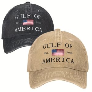 2/1 Pack Gulf Of America Patriotic Trucker Hat - Adjustable Baseball Cap For Men & Women, Vintage Style With Geometric Design, Black With Red & White Accents, Casual Leisure Wear