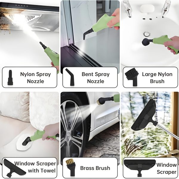Steam Cleaner, High Pressure Handheld Steamer, 6-gears Adjustable, Portable Steam Cleaning Machine with 6 Brushes, Cleaning for Home Use, Kitchen, Bathroom, Hard Surface, Car Detailing (Green) - Image 4