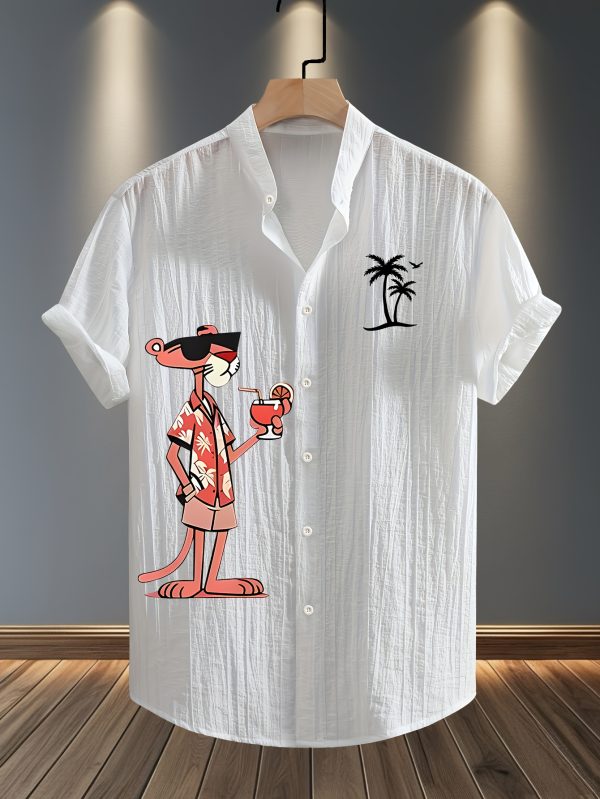Men'S Summer Casual Beach Shirt - Lightweight Breathable Polyester-Spandex Blend Short Sleeve Top with Orange Cartoon Leopard Pattern and Tropical Drink Print, Stand Collar Design, Machine Washable, Perfect for Pool Parties and Beach Vacations - Image 3