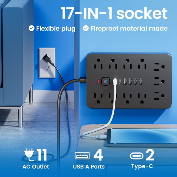 Power Strip Surge Protector With Usb Ports Extension Cord With Multiple Outlets Usb Wall Plug, Multi Plug Outlet Extension Cord With Usb Ports Power Outlet Extension Long Extension Cord With Multiple Outlets, Plug Adapter Desk Power Extension Cord Connector Multiple Outlet Expander Extension Board.17-in-1 Flat Plug Power Strip 11 Spacious AC Outlets With 6 USB Ports (including 2 Type-C) With Overload Protection - Image 11