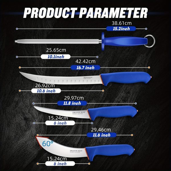 4pcs Butcher Knife Set Brisket Trimming Set Include 6" Cutting Knife, 6" Skinning Knife, 10" Butcher Breaking Knife And 10" Sharpening Steel - Image 2