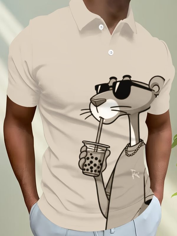 Men's Casual Short Sleeve Shirt - 3D Pink Panther Print, Breathable Summer Streetwear, Button- Collar, Machine Washable, Comfortable Fashion, Playful Design, Smooth Texture - Image 2