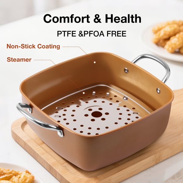 4pcs Fryer Set - Deep Square Pan, Fry Basket, Steamer Tray, saucepan lid- Dishwasher & Oven Safe, High Temperature Resistant Easy Clean Skillets, Restaurant Frying pan - Image 7