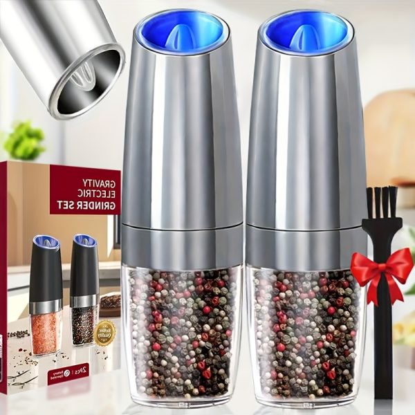 2pcs Gravity Electric Salt And Pepper Grinder Set, Battery Powered LED Light One Hand Automatic Operation, Adjustable Coarseness Mill Grinders Shakers Black, Kitchen Gadgets Gift Ideas, Best for Christmas