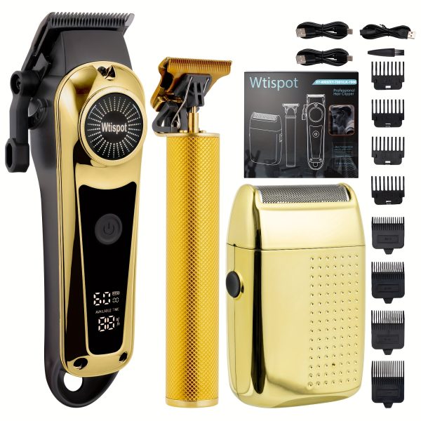 3pcs/se 1pc/sett Men's Professional Golden Hair Clipper & Trimmer Set - USB Rechargeable Hair Cutting Kit with LCD Display Including Electric Shaver, T-Blade Trimmer, 8 Limit Combs, 3 USB Cables, 3 Cleaning Brushes & Combs - The Ideal Gift - Image 5