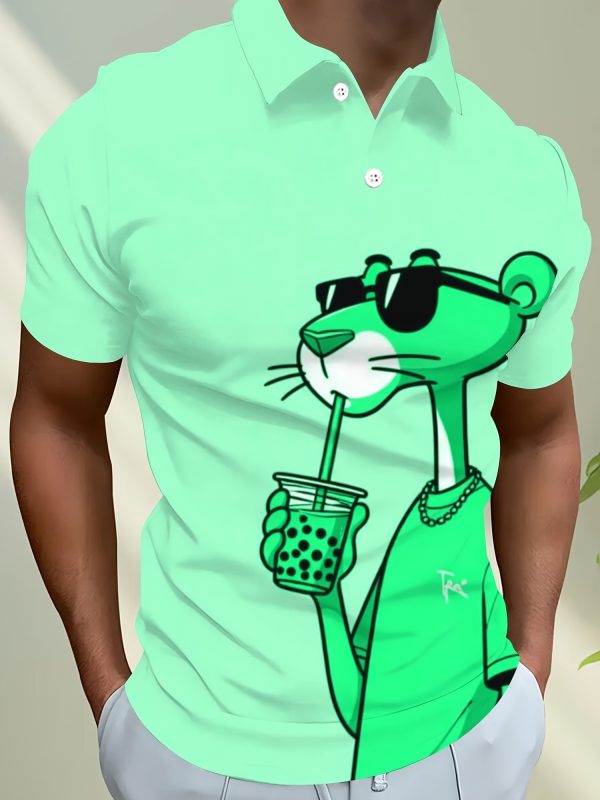 Men's Casual Short Sleeve Shirt - 3D Pink Panther Print, Breathable Summer Streetwear, Button- Collar, Machine Washable, Comfortable Fashion, Playful Design, Smooth Texture - Image 4