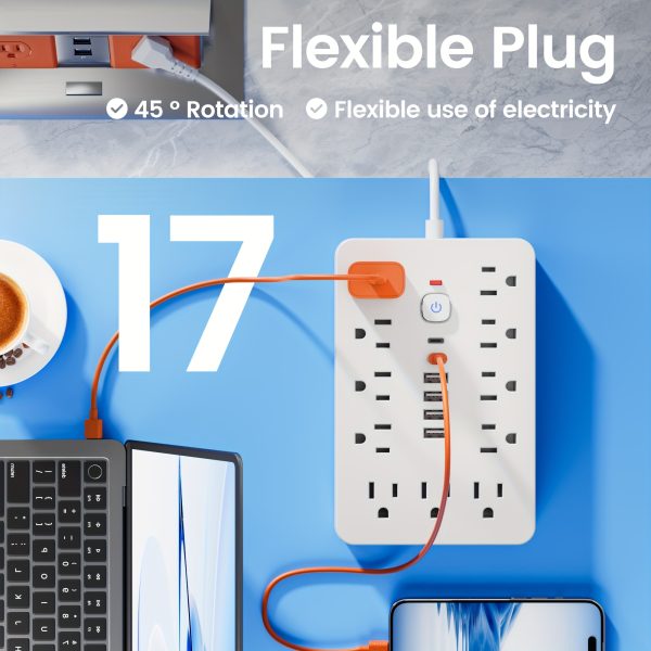 Power Strip Surge Protector With Usb Ports Extension Cord With Multiple Outlets Usb Wall Plug, Multi Plug Outlet Extension Cord With Usb Ports Power Outlet Extension Long Extension Cord With Multiple Outlets, Plug Adapter Desk Power Extension Cord Connector Multiple Outlet Expander Extension Board.17-in-1 Flat Plug Power Strip 11 Spacious AC Outlets With 6 USB Ports (including 2 Type-C) With Overload Protection - Image 5