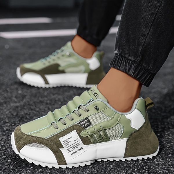 [Trendy Sneakers] Comfortable Plus Size Men's Casual Sneakers | Versatile Trendy Running Shoes with Mesh Ventilation, Olive Green & White Design, Lace-Up Closure for All Seasons, Comfortable Fabric Upper with PVC Sole - Image 4