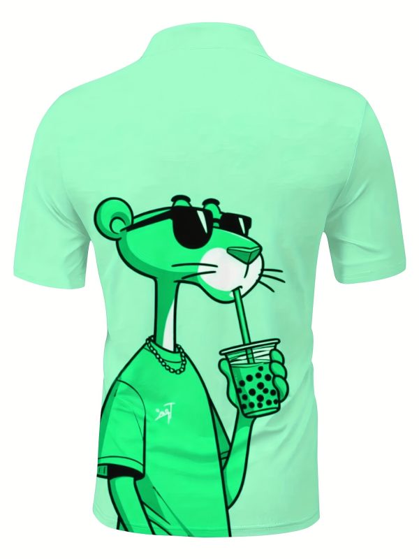 Men's Casual Short Sleeve Shirt - 3D Pink Panther Print, Breathable Summer Streetwear, Button- Collar, Machine Washable, Comfortable Fashion, Playful Design, Smooth Texture - Image 9
