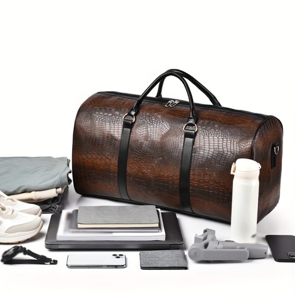 [Retro Duffel Bag] Durable Retro Crocodile-Textured Large Capacity Travel Duffel Bag | Unisex Vacation Luggage, Deep Brown/Black, Versatile Gift for Men & Women - Image 8
