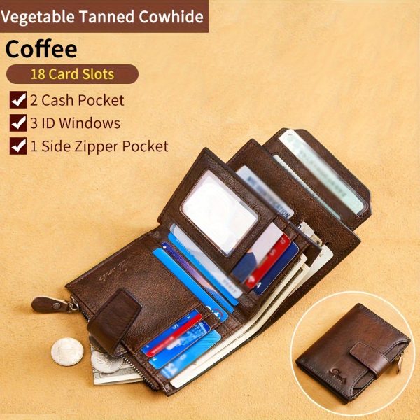[RFID Anti-theft Wallet] RFID Anti-theft Vintage Men's Top Layer Cowhide Wallet - Large Capacity 18 Card Slots Zipper Wallet Can Hold Coins Mobile Card Holder Can Hold Driver's License, 2 Large Banknote Slots - Image 2