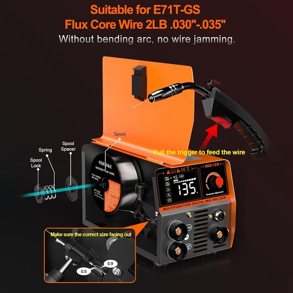 FEIFANKE MIG135 Heavy-Duty Commercial/Industrial Welding Machine - 110V/220V Dual Voltage, 120A DC Welder with Gasless MIG, Lift TIG, MMA/ARC, Flux Core - Compact Welder for Carbon & Stainless Steel, Workshop, Construction, Farm, DIY - with Electrical Holder & Wiring Harnesses, Metal Fabrication, Portable Design, Durable Build, Industrial Workers - Image 11