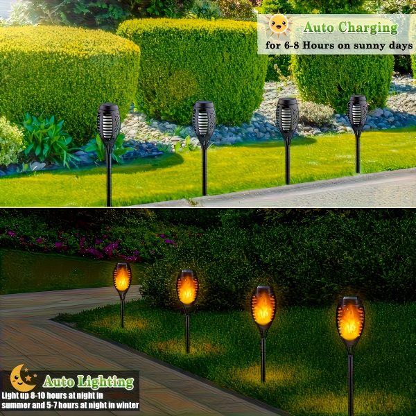 6/10pcs Outdoor Solar Torch Lights with Flickering Flame Effect, & Heat Resistant, Auto On/Off Solar Powered Path Lights for Garden, Lawn, Patio, Driveway Landscape Lighting, Solar Powered Outdoor Lights, Durable Plastic Body - Image 3
