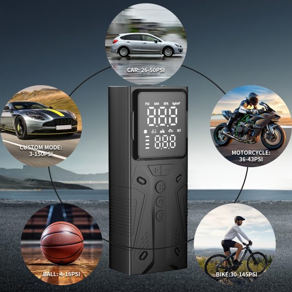 Portable Tire Inflator Air Compressor, 4000mAh, 150PSI, 4X Fast Inflation, Digital Pressure Gauge, LED Light, with USB Cable, Nozzle, Extension Tube, Carabiner, for Car, Motorcycle, Bike, Ball - Black - Image 2