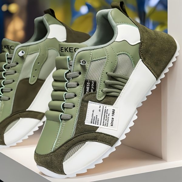 [Trendy Sneakers] Comfortable Plus Size Men's Casual Sneakers | Versatile Trendy Running Shoes with Mesh Ventilation, Olive Green & White Design, Lace-Up Closure for All Seasons, Comfortable Fabric Upper with PVC Sole