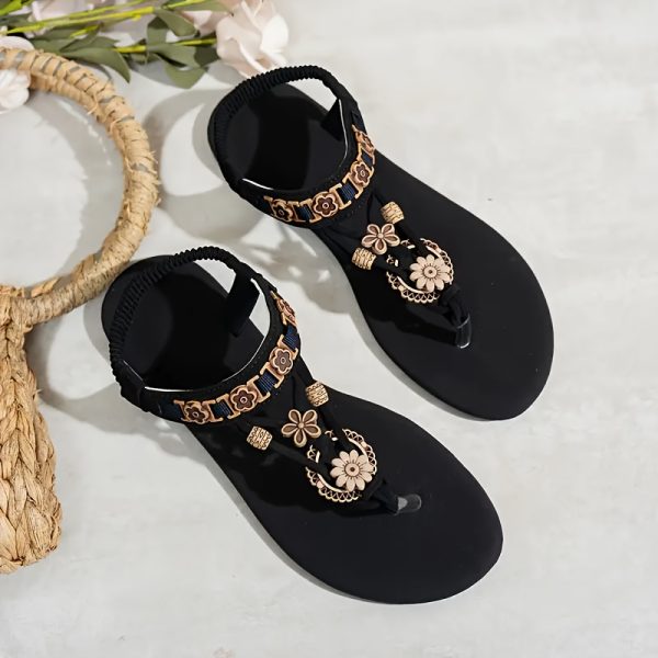 [Bohemian Sandals] Bohemian Beaded Flat Sandals for Women | Elastic Ankle Strap, Floral Decorative Details, Durable Rubber Sole, Perfect for Holidays, Shopping, Parties, Casual Beachwear - Image 6