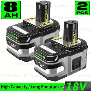 2-Pack 8.0Ah P108 18Volt Replacement for Ryobi 18V Battery Lithium Ion P108 P102 P103 P104 P105 P107 P122 Cordless Tool Battery with LED Indicator