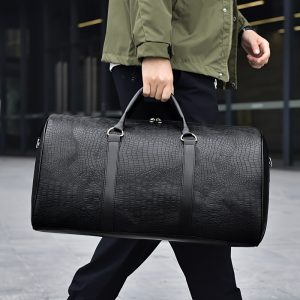 [Retro Duffel Bag] Durable Retro Crocodile-Textured Large Capacity Travel Duffel Bag | Unisex Vacation Luggage, Deep Brown/Black, Versatile Gift for Men & Women