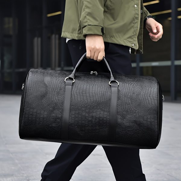 [Retro Duffel Bag] Durable Retro Crocodile-Textured Large Capacity Travel Duffel Bag | Unisex Vacation Luggage, Deep Brown/Black, Versatile Gift for Men & Women
