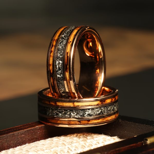 8MM Men'S Ring With Meteorite And Burnt Whisky Barrel, Meteorite Ring, Tungsten Men'S Ring Rose Golden, Whisky Barrel Wedding Ring