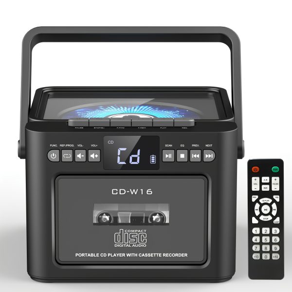 Boombox Cassette CD Player with 5000mAh Battery, 5W Dual Stereo Speakers, Rechargeable CD Player with FM Radio, Remote Control, Tape Recording, 3.5mm Earphone Jack, AUX/Micro SD/USB for Home - Image 2
