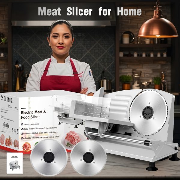MULISOFT Electric Meat Slicer with 2 Removable Stainless Steel Blades, Adjustable Thickness, Child Safety Lock, Semi-Automatic Operation for Meat, Cheese, Bread - 120V US Plug, Durable Kitchen Tool for Home Use, Meat Slicer for Home Use, Food Preparation, Sleek Metallic Finish, Sturdy Construction - Image 2