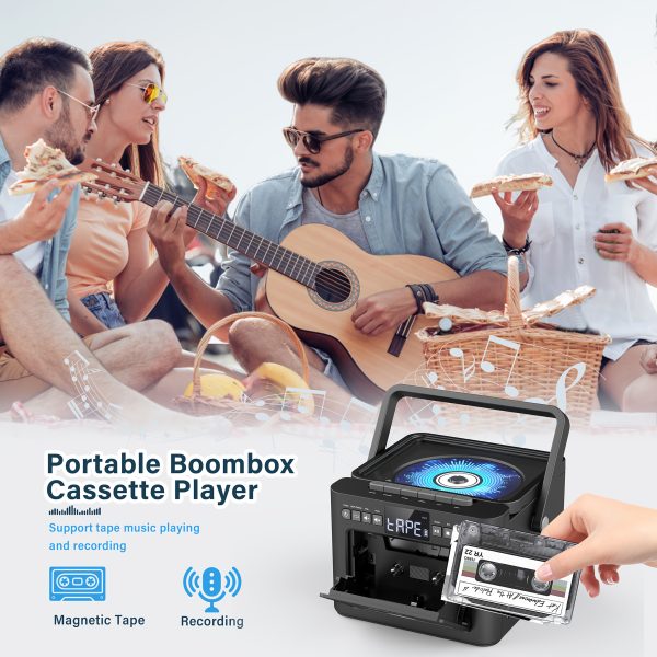 Boombox Cassette CD Player with 5000mAh Battery, 5W Dual Stereo Speakers, Rechargeable CD Player with FM Radio, Remote Control, Tape Recording, 3.5mm Earphone Jack, AUX/Micro SD/USB for Home - Image 5