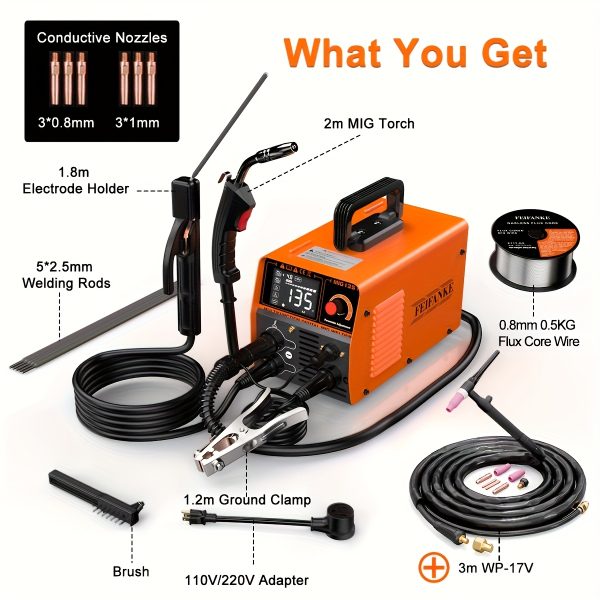 FEIFANKE MIG135 Heavy-Duty Commercial/Industrial Welding Machine - 110V/220V Dual Voltage, 120A DC Welder with Gasless MIG, Lift TIG, MMA/ARC, Flux Core - Compact Welder for Carbon & Stainless Steel, Workshop, Construction, Farm, DIY - with Electrical Holder & Wiring Harnesses, Metal Fabrication, Portable Design, Durable Build, Industrial Workers - Image 5