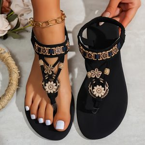 [Bohemian Sandals] Bohemian Beaded Flat Sandals for Women | Elastic Ankle Strap, Floral Decorative Details, Durable Rubber Sole, Perfect for Holidays, Shopping, Parties, Casual Beachwear