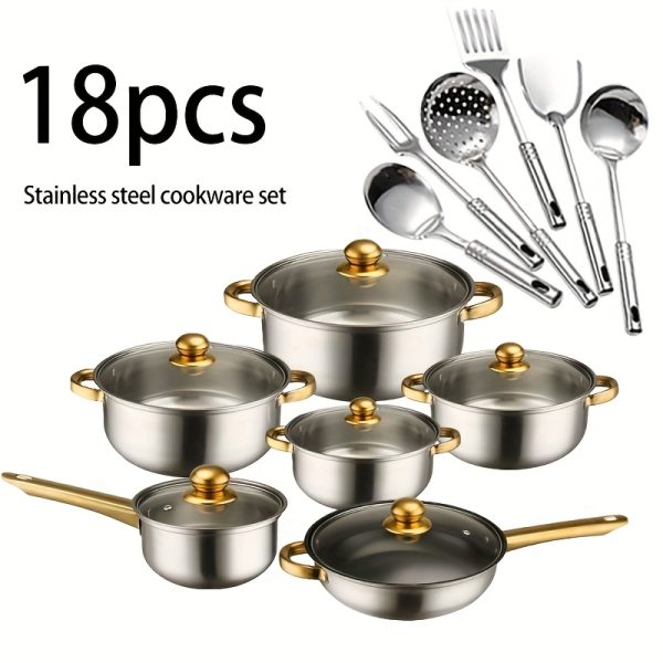 18pcs thick stainless steel cookware set, non stick cookware set, heat-resistant, frying pan, flat bottomed pan, stew pot, multifunctional, stylish, durable, suitable for induction cookers, outdoor anti stick cookware set - Image 5