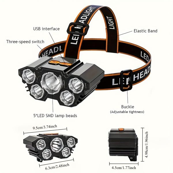 Buy One Get One Free, Total of 2pcs Multi-Purpose 5LED Headlight Headlight Flashlight Outdoor Usb Charging Fishing Headlight Strong Light Four Mode Headlight Flashlight for Camping, Work, Maintenance, Car Maintenance, Decoration - Image 6