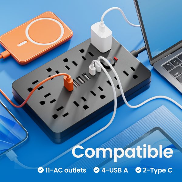 Power Strip Surge Protector With Usb Ports Extension Cord With Multiple Outlets Usb Wall Plug, Multi Plug Outlet Extension Cord With Usb Ports Power Outlet Extension Long Extension Cord With Multiple Outlets, Plug Adapter Desk Power Extension Cord Connector Multiple Outlet Expander Extension Board.17-in-1 Flat Plug Power Strip 11 Spacious AC Outlets With 6 USB Ports (including 2 Type-C) With Overload Protection - Image 3
