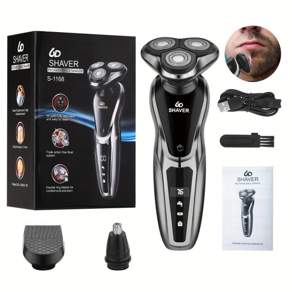 SKYUV Men's 3-in-1 Electric Razor - USB Rechargeable, Portable Shaver with Nose Hair Trimmer & Digital Display, Stainless Steel Blades for Smooth Shaving, Ergonomic Design, Fast Charging, Long-Lasting Battery, Easy to Clean - Image 2