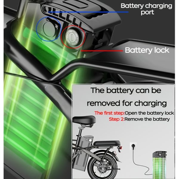 14 Inch Foldable Adult Electric Bicycle, Clearance Dealership, 500w Motor, Maximum Speed Of 20 MPH, 48V 10.4Ah Lithium Battery, 14 Inch Tires, Portable Folding Design, Outdoor Cycling Exercise, Urban Commuting Travel, Detachable Lithium Battery - Image 10
