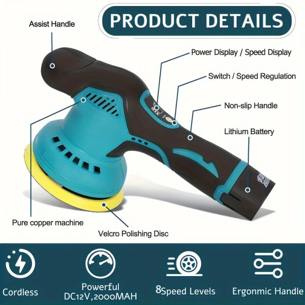 Wireless Car Polishing Machine, 6-speed Adjustable Polishing Machine, With 2 12V Battery, Powerful Portable Track Polishing Machine, Wireless Polishing Machine, Suitable For Car Beauty, Waxing, Polishing, Scratch Removal - Image 5